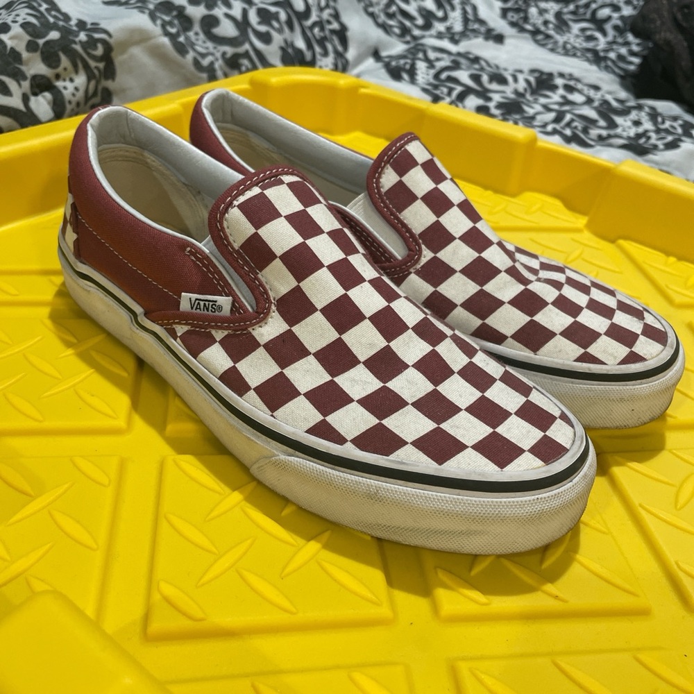 Vans Burgundy and White Checkered Slip-Ons women’s 6.5 men’s 5